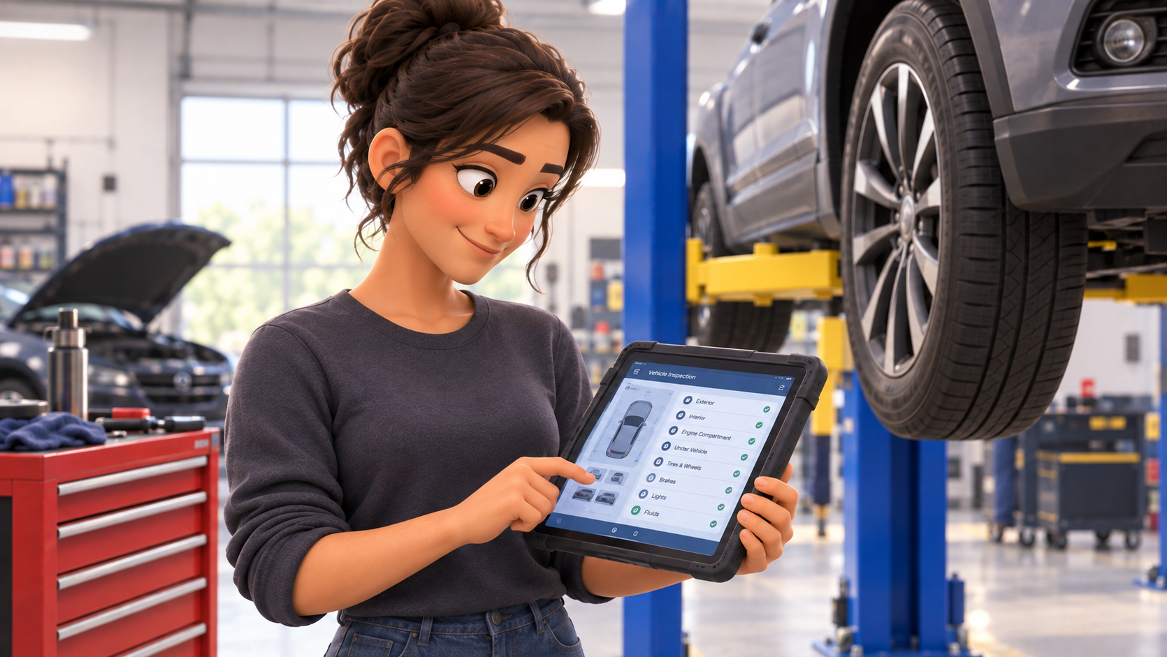 mechanic going through a digital vehicle inspection checklist