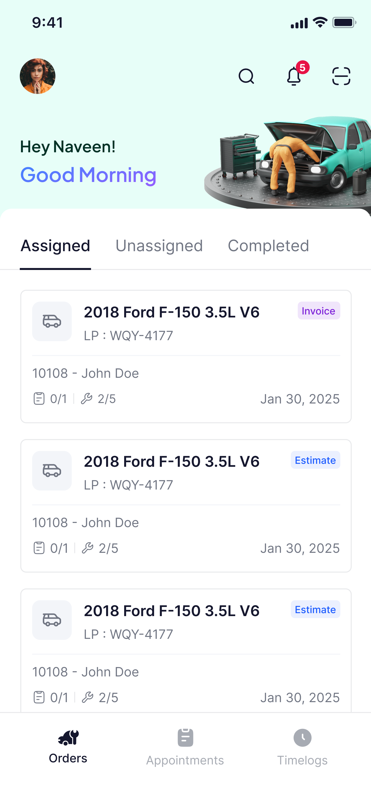 The technician app's job board, listing assigned repair orders