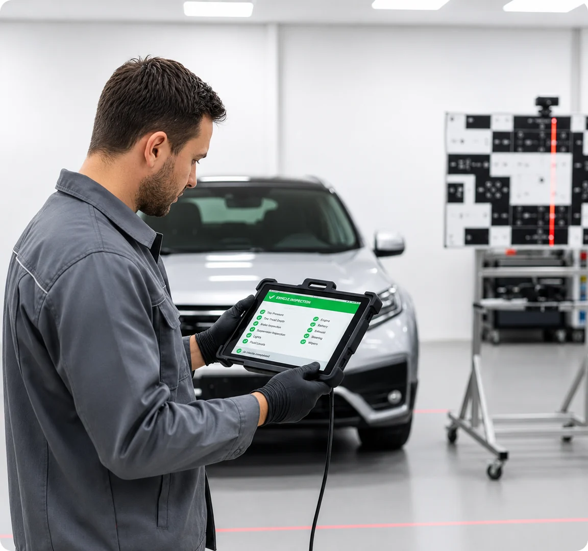 A technician reviewing a digital vehicle inspection on a tablet in a general repair bay
