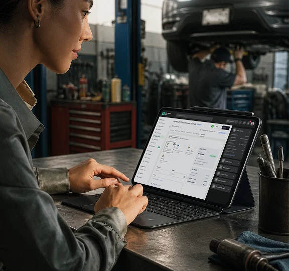 Advisor reviewing a repair order and taking payment on a tablet in the shop