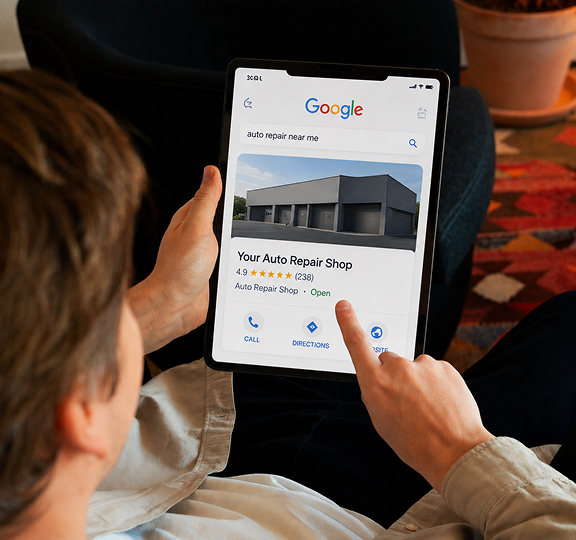 A person holding a tablet showing an auto repair shop listing in Google search results