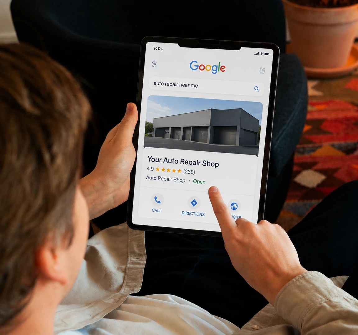 A customer viewing a repair shop's Google Business Profile on a tablet