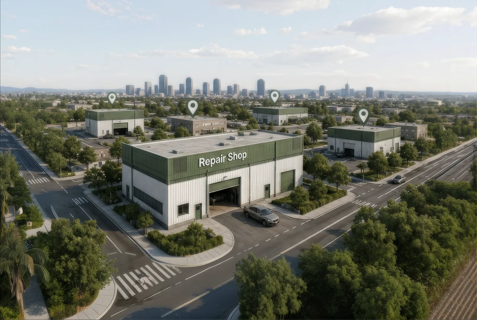 Aerial view of a repair shop with three more of its locations across the city