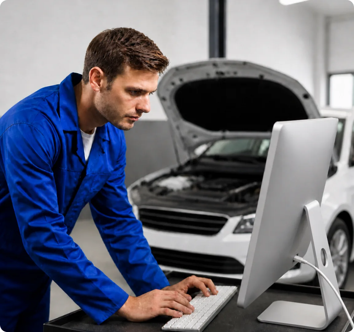 Shop owner updating a repair order at a computer beside a car with its hood up