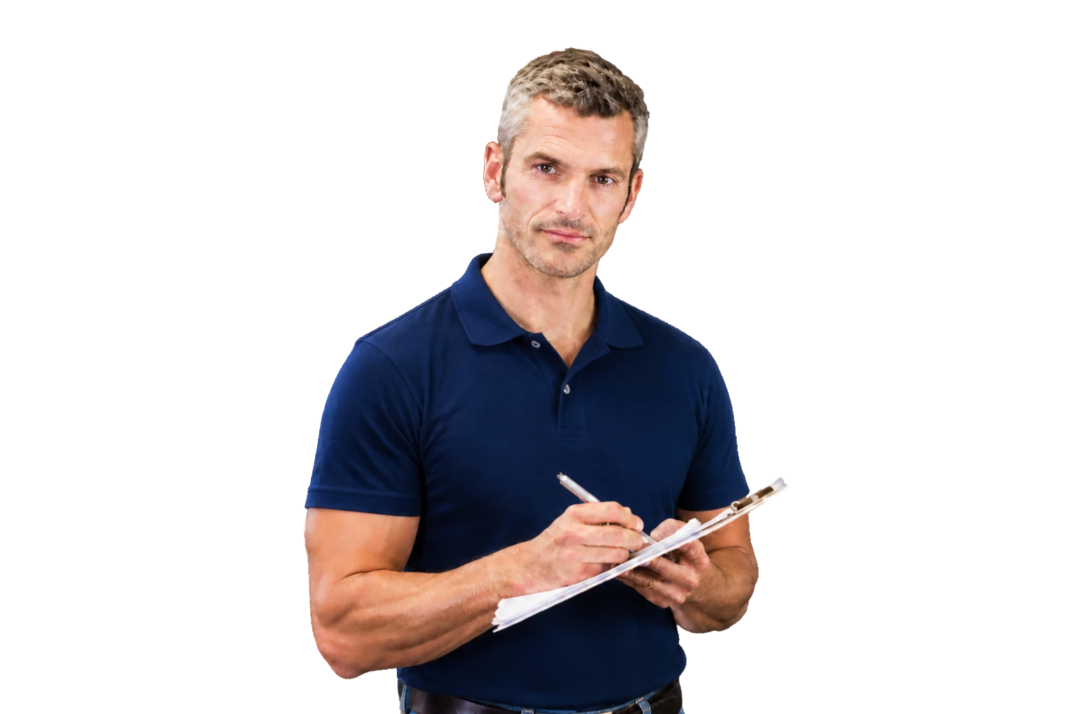 Service advisor writing up a repair order on a clipboard