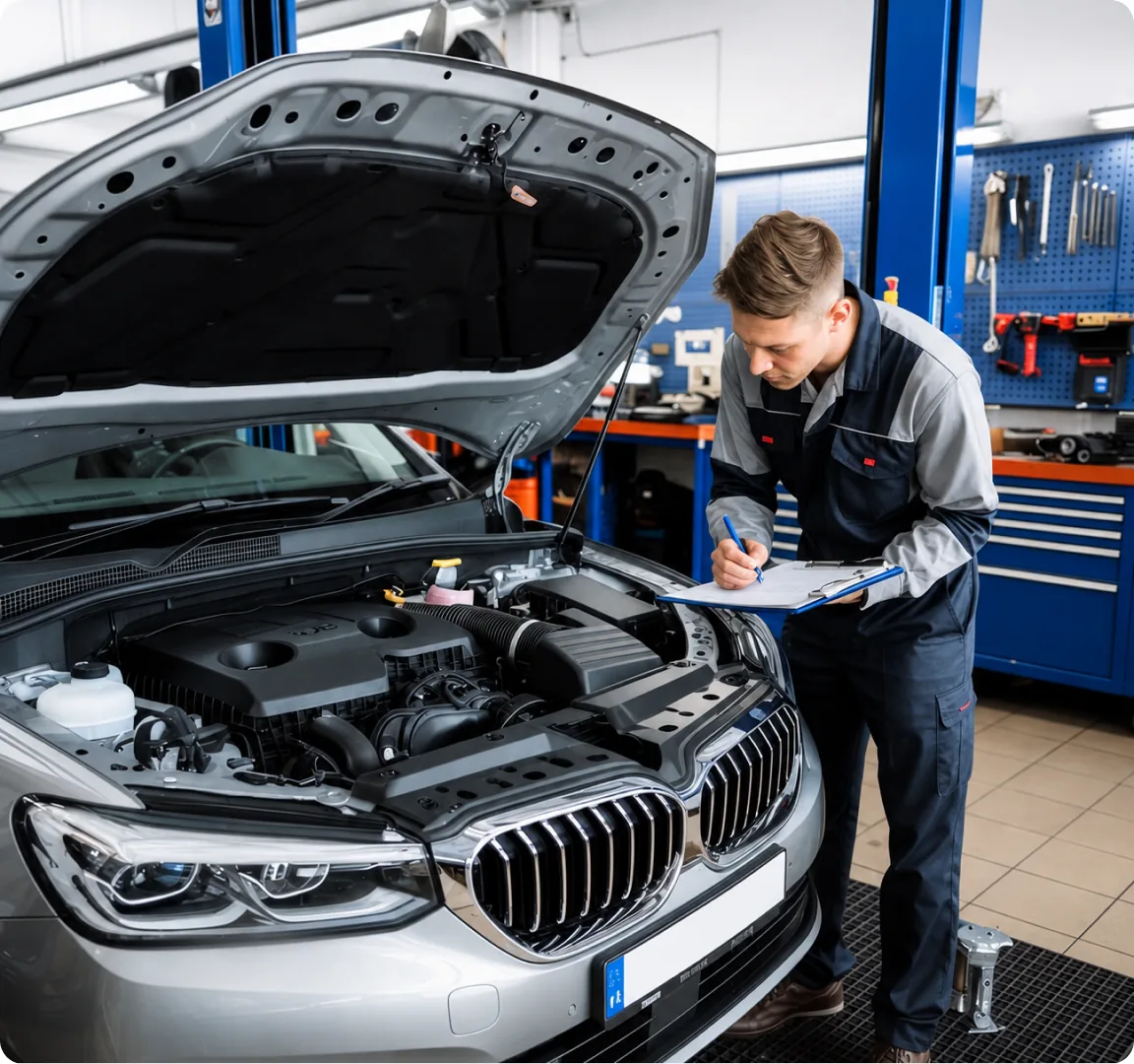 A technician inspecting a European vehicle with its bonnet open