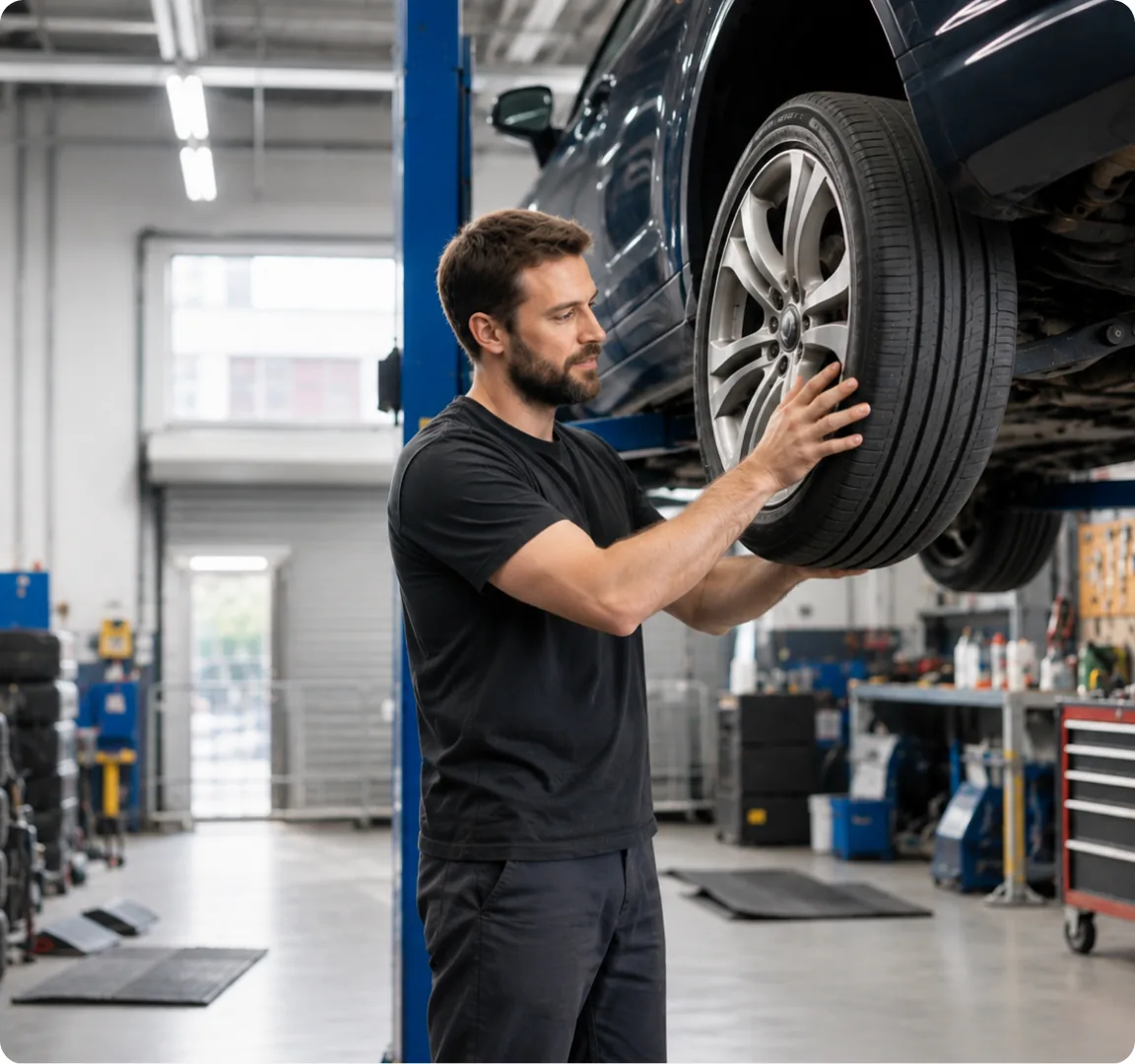 A technician fitting a tyre in a busy tire bay