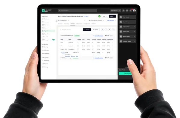 The Way Repair Tech estimate builder on a tablet