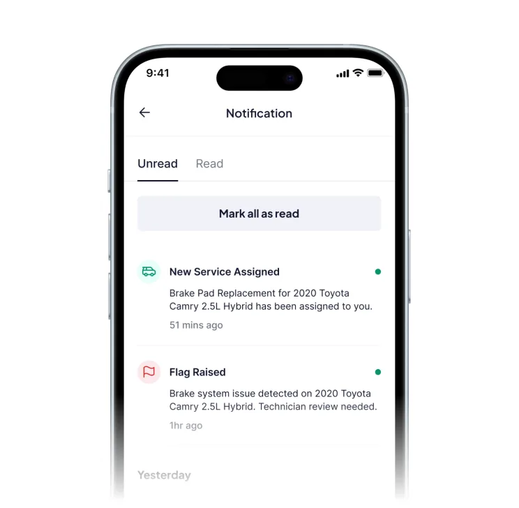 A push notification telling a technician a part has arrived