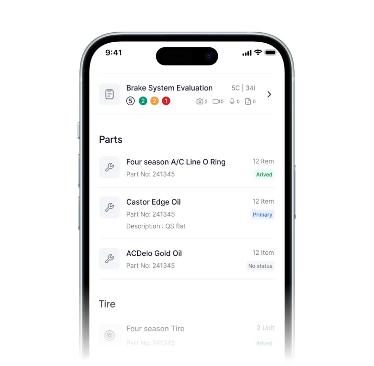 Photos and notes attached to a repair order in the app