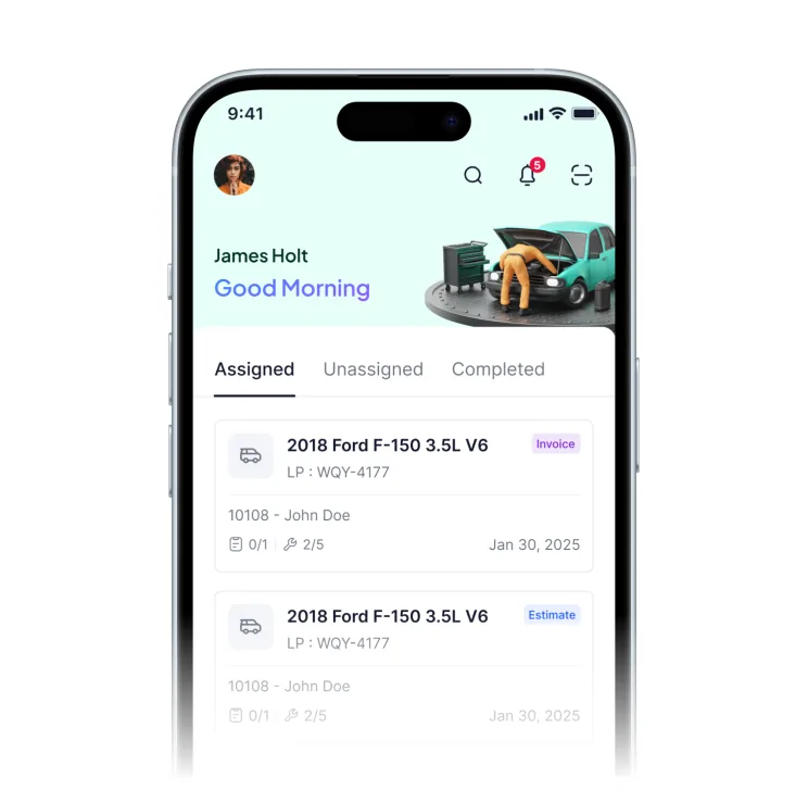 The technician app listing open repair orders by bay