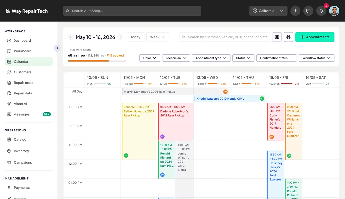 The Way Repair Tech calendar, showing a week of scheduled appointments