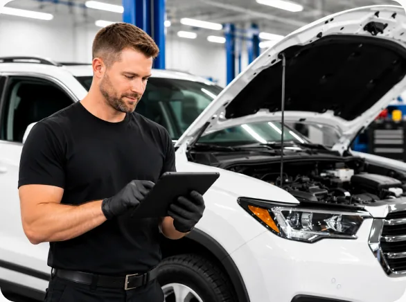 A technician diagnosing a car in a general repair bay