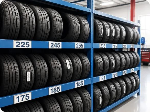 Racked tyres in a tire shop stockroom