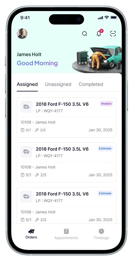 The Way Repair Tech technician app showing assigned repair orders
